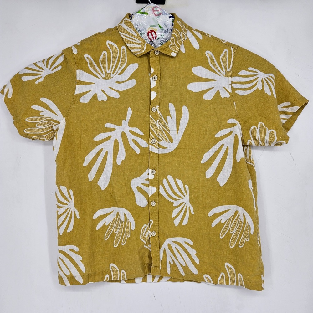 Folk Shirt Mens Medium Short Sleeve Button Up Floral Mustard Casual Lightweight